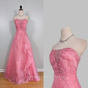 Vintage Prom Dress Maxi Gown 4 Pink Fairy Princess Strapless Ruffle Bead Y2K